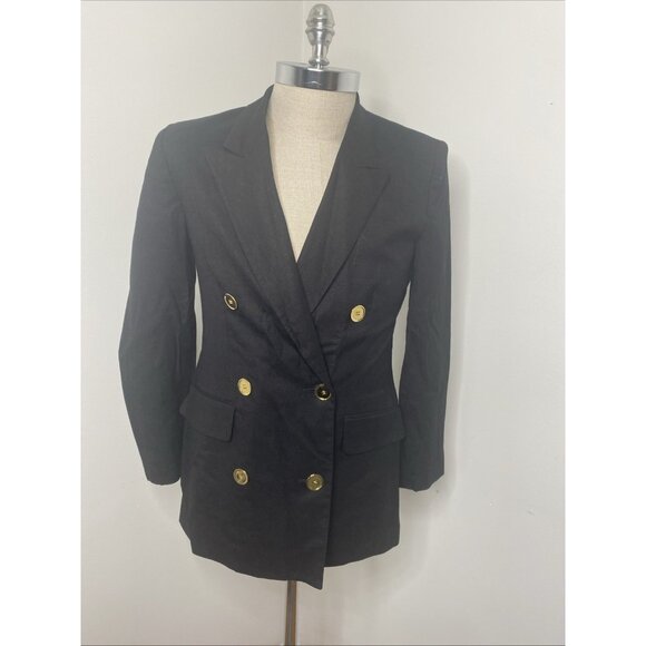 Vintage Jones NY Long Double Breasted Blazer Jacket 6 Black Linen Gold Buttons - Picture 1 of 9